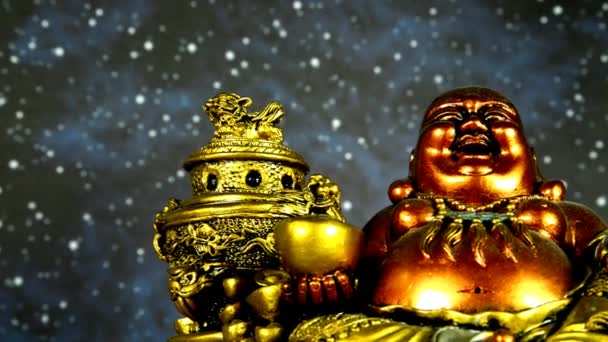 Bouddha Chinois Heureux Lecteur Caméra Avec Ciel Nocturne Avec Des — Video