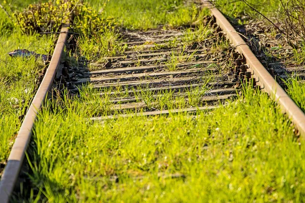Koleje mimo provoz zarostlé trávou — Stock fotografie