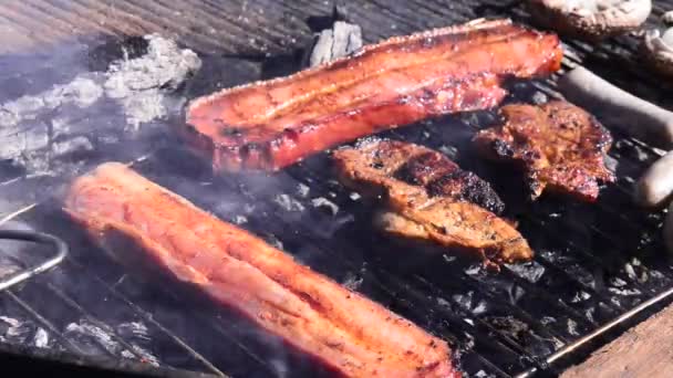 Barbecue Con Pancetta Maiale Salsicce — Video Stock
