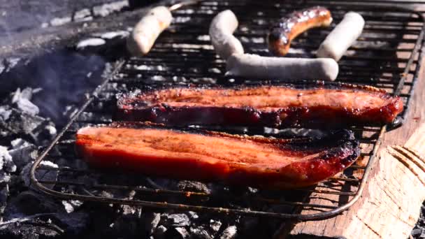 有猪肚和香肠的烧烤 — 图库视频影像