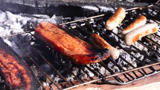 Churrasco Com Barriga Porco Salsichas — Vídeo de Stock