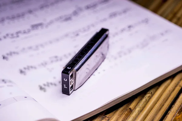 Blues Harmonica Met Noten Een Close — Stockfoto