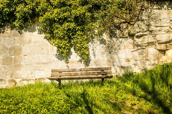 Park Bench Old Antique Abbey Wall — Stock Photo, Image