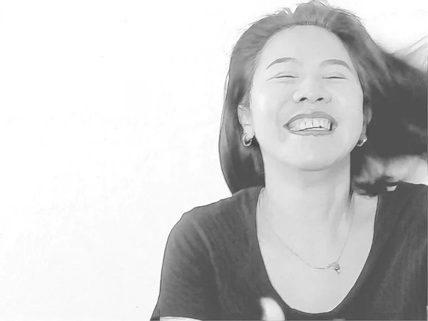 Glad Asiatisk Kvinna Vit Bakgrund Penna Ritning Set — Stockfoto