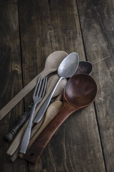 Vintage cutlery props in dark background — Stock Photo, Image