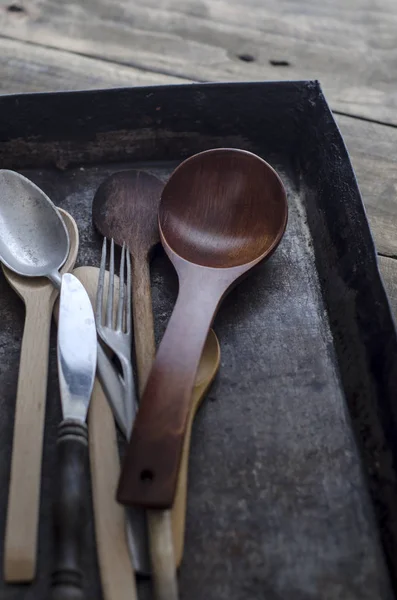 Vintage cutlery props in dark background — Stock Photo, Image