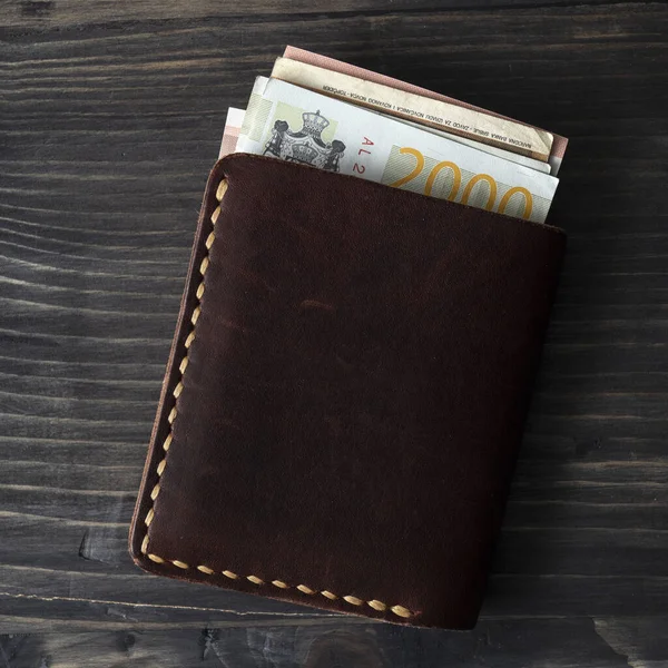 Billetera Cuero Para Hombre Sobre Mesa Madera Arriba — Foto de Stock