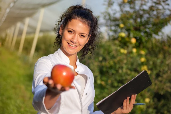 Glad ung kvinna agronom med rött äpple i handen — Stockfoto