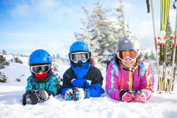 Счастливая семейная лыжная команда весело на красивой горе — стоковое фото