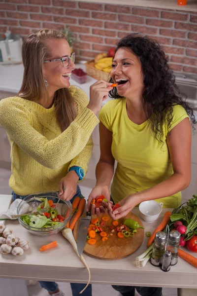 Young lesbian couple in kitchen — Stock Photo, Image