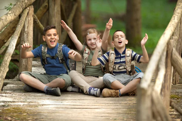 Giovani scout seduti su un vecchio ponte di legno nel bosco — Foto Stock