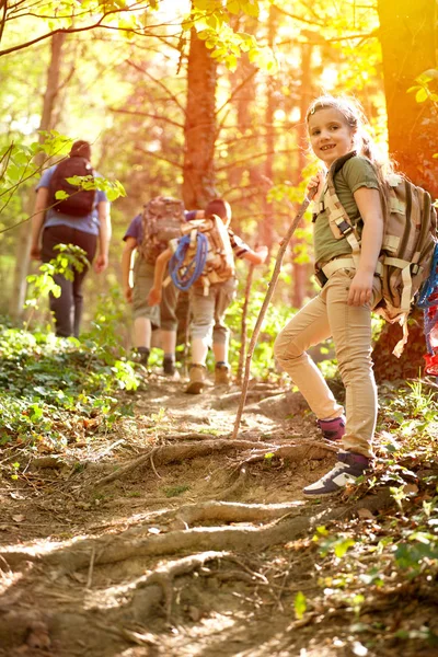Niños exploradores exploran el hermoso bosque —  Fotos de Stock