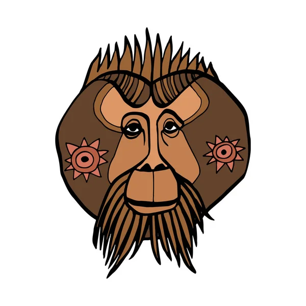 Borneansk Orangutang Ansikte Vektor Ritning Linjekonst Illustration Tatueringsdesign Etnisk Totem — Stock vektor