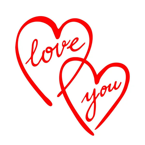 Kärlek Skriver Och Två Handritade Hjärtan Vacker Vektorhandstil Handritad Kärlek — Stock vektor