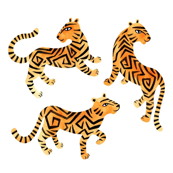 Juego de tigres de acuarela. ilustración de animales exóticos pintados a mano . —  Fotos de Stock