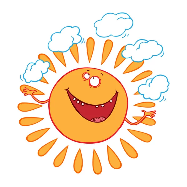 Dibujos Animados Sonriente Sol Malabares Nubes Lindo Vector Sol Carácter — Archivo Imágenes Vectoriales