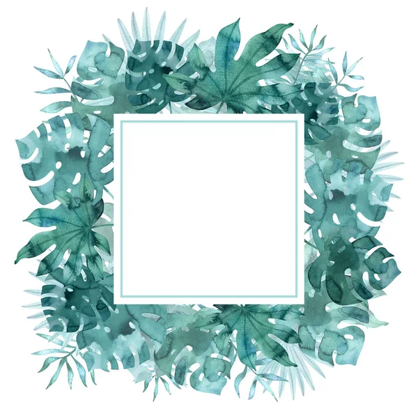 Square frame template with watercolor tropical leaves. Exotic hand painted illustration isolated on white. — Stock Photo, Image