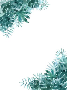 Köşelerinde suluboya tropik yapraklar olan çerçeve şablonu. Beyaza izole edilmiş egzotik el çizimi. Davetiyeleriniz, kartlarınız ve duyurunuz için tasarım ögesi.