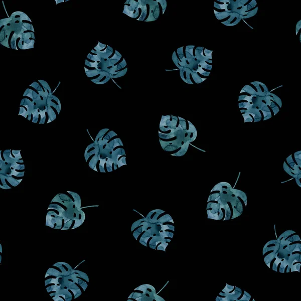 Sömlöst Mönster Med Akvarell Monstera Blad Vacker Mörk Tropisk Bakgrund — Stockfoto