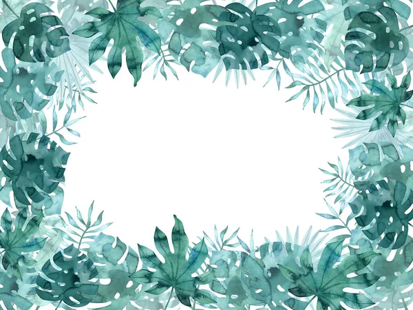 Modèle Cadre Rectangulaire Horizontal Avec Des Feuilles Tropicales Aquarelle Illustration — Photo