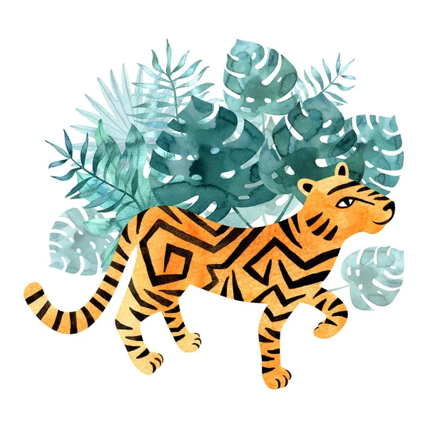 Watercolor Jungle Tiger Isolated White Hand Painted Exotic Animal Illustration — Stock Photo, Image