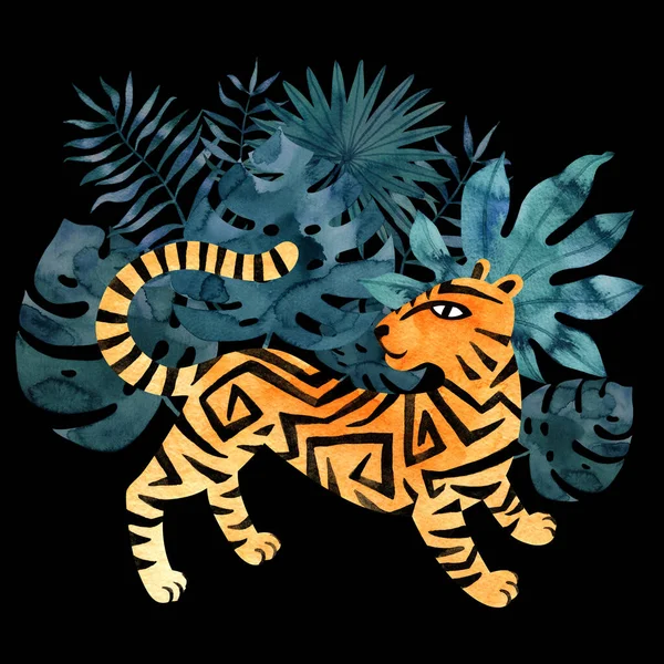 Tigre Selva Aquarela Fundo Escuro Ilustração Animal Exótico Pintado Mão — Fotografia de Stock