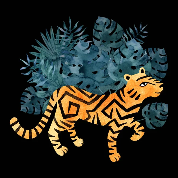 Υδατογραφία Τίγρης Ζούγκλα Σκούρο Φόντο Χειροποίητη Εξωτική Απεικόνιση Ζώων Κινούμενα — Φωτογραφία Αρχείου