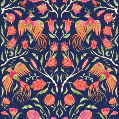 Renkli simetrik, dikişsiz, mavi arka planda egzotik kuşlar. Cennet Bahçesi setinin bir parçası. Kumaş, duvar kağıdı, ambalaj tasarımı için mükemmel. Peri masalı halk eliyle resmedilmiş.