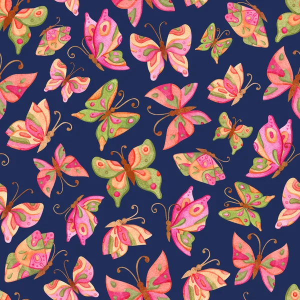 Akvarell Fjärilar Blå Bakgrund Sömlös Mönster Handmålade Vackra Fjäril Illustration — Stockfoto