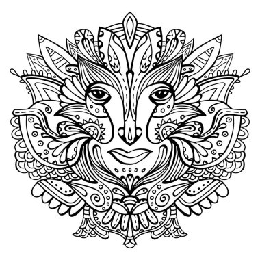 Çiçek suratlı sanat eseri. Elle çizilmiş etnik karalama dövmesi. Beyaz arkaplanda siyah vektör çizimi.