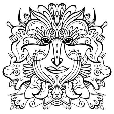 Çiçek suratlı sanat eseri. Elle çizilmiş etnik karalama dövmesi. Beyaz arkaplanda siyah vektör çizimi.