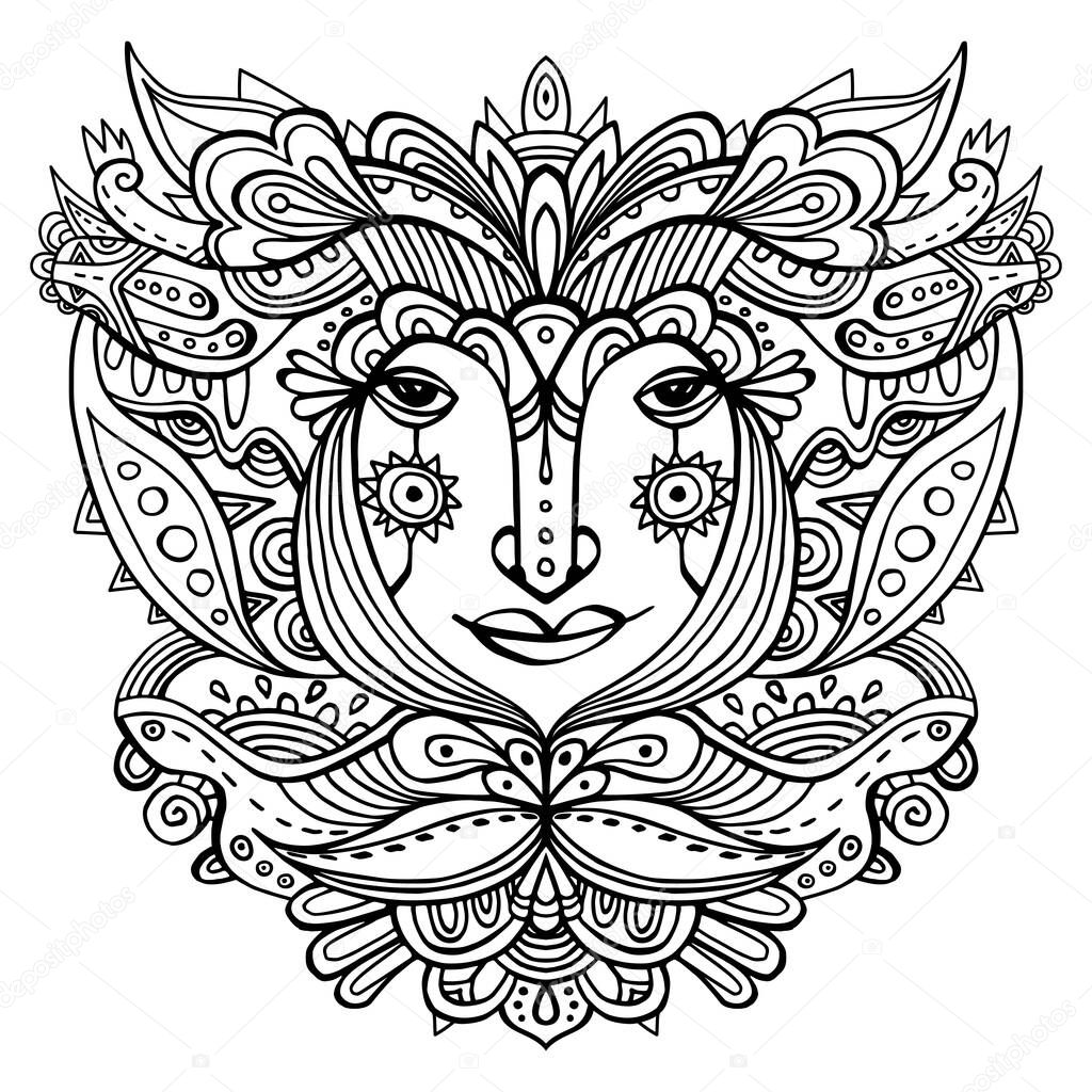 Fantasy face surrounded by flower petals and ornaments. Hand-drawn ethnic floral doodle tattoo. Lineart black and white vector graphic illustration. Zen-doodle art, tattoo design. Boho godess.