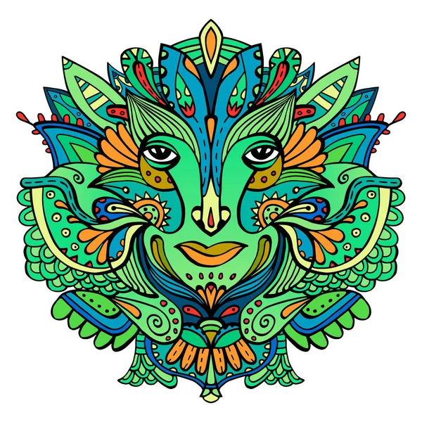 Colorido Rostro Adornado Duende Cuento Hadas Diosa Étnica Ornamentada Dibujada — Vector de stock