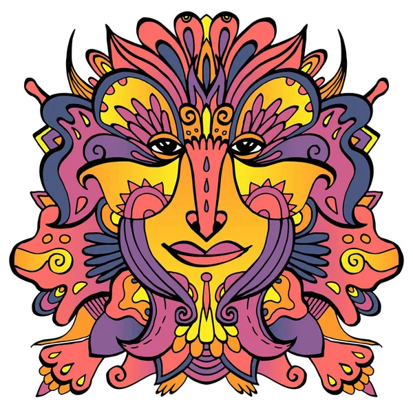 Colorido Rostro Adornado Duende Cuento Hadas Diosa Étnica Ornamentada Dibujada — Vector de stock