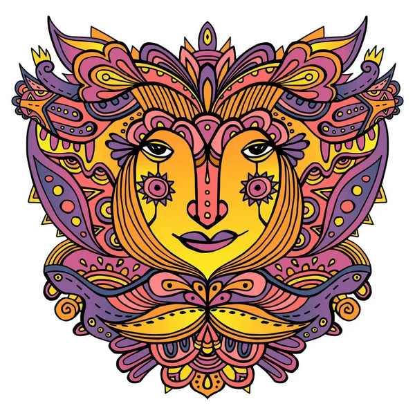 Colorful Ornate Face Fairytale Princess Hand Drawn Ethnic Ornate Godess — Stock Vector