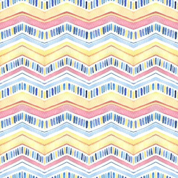 Geel Blauw Roze Aquarel Zigzag Naadloos Patroon Met Hand Geschilderd — Stockfoto