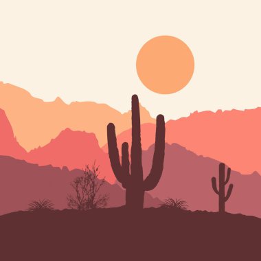 Güneş, dağlar ve kaktüs desenli, pembe arkaplanlı Meksika çölü.