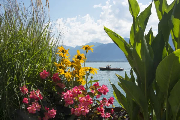 Le belle banchine fiancheggiate da fiori di Montreux, Svizzera — Foto Stock