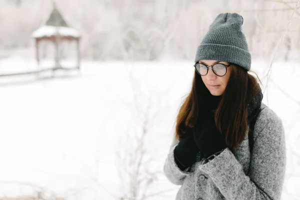 Kışın köprüdeki gri paltolu kız — Stok fotoğraf