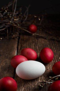 Paskalya yumurtaları sonbahar dalları ile birlikte bir ahşap arka plan üzerinde kırmızı renk