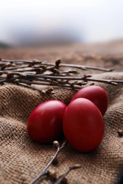 Três ovos de Páscoa, ramos de primavera no material do saco — Fotografia de Stock