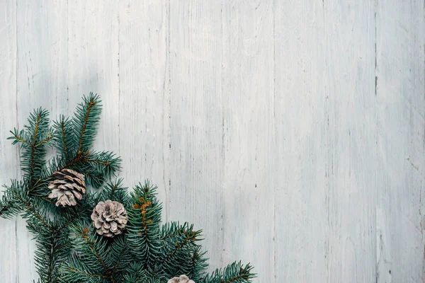 Em um fundo de madeira branco árvore de Natal e cones — Fotografia de Stock