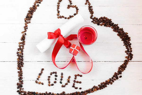 heart made of coffee beans, inside gift for valentine\'s day