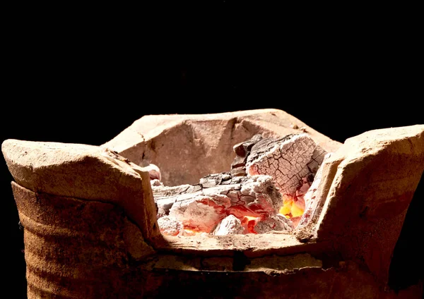 Burning charcoal in old stove — Stock Photo, Image
