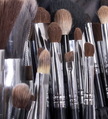 Portre visagistes siyah kahverengi ve beyaz renkler için göz farı toz ve yüz temel için birçok farklı profesyonel doğal yumuşak makyaj fırçaları