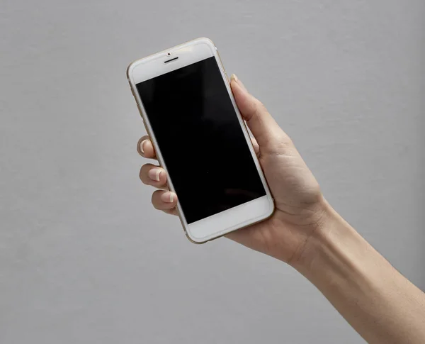 Teléfono Mano Para Trabajar Smartphone Con Una Pantalla Blanco — Foto de Stock