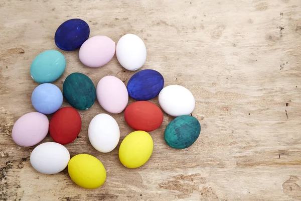 Easter Eggs Wooden Table Top View — Stock Photo, Image