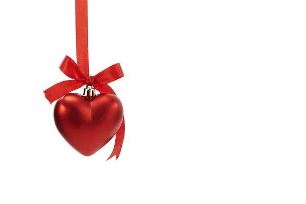 Christmas Heart Shaped Decoration Ball Red Ribbon Isolated White Background — Stock Photo, Image