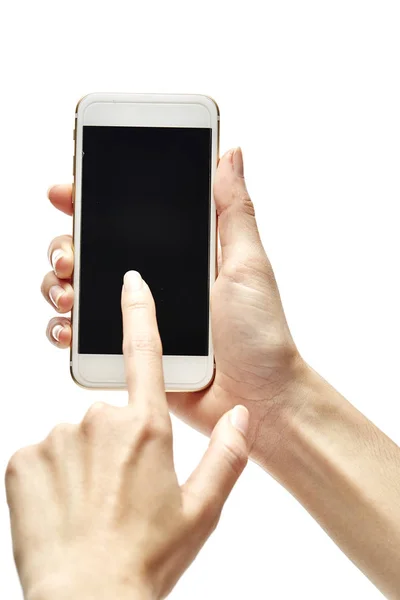 Mobiltelefon Der Hand Auf Weißem Hintergrund Isolieren Kommunikationskonzept — Stockfoto