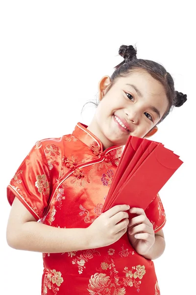 Feliz Niño Chino Asiático Recibiendo Regalo Monetario Paquete Papel Rojo — Foto de Stock